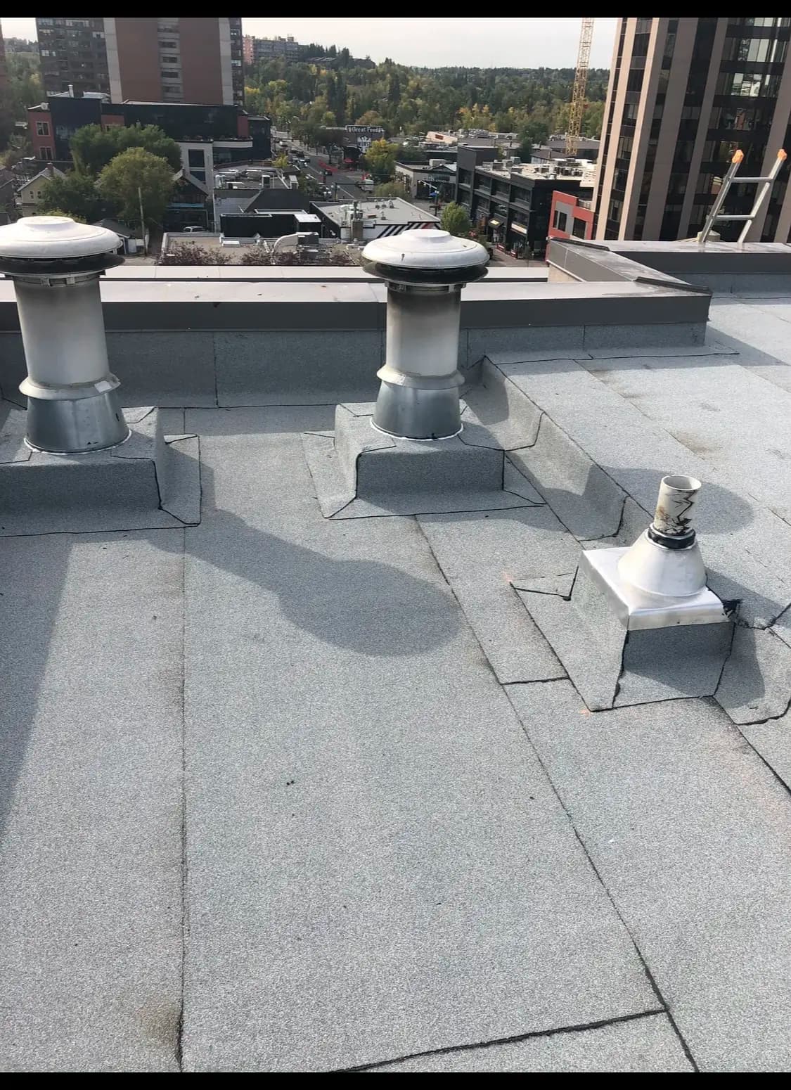 Granulated torch-on membrane roof with vents overlooking city rooftops