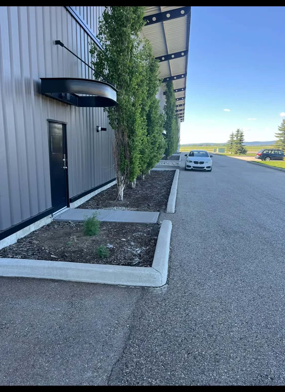 Front walkway of a finished industrial building lined with poplar trees